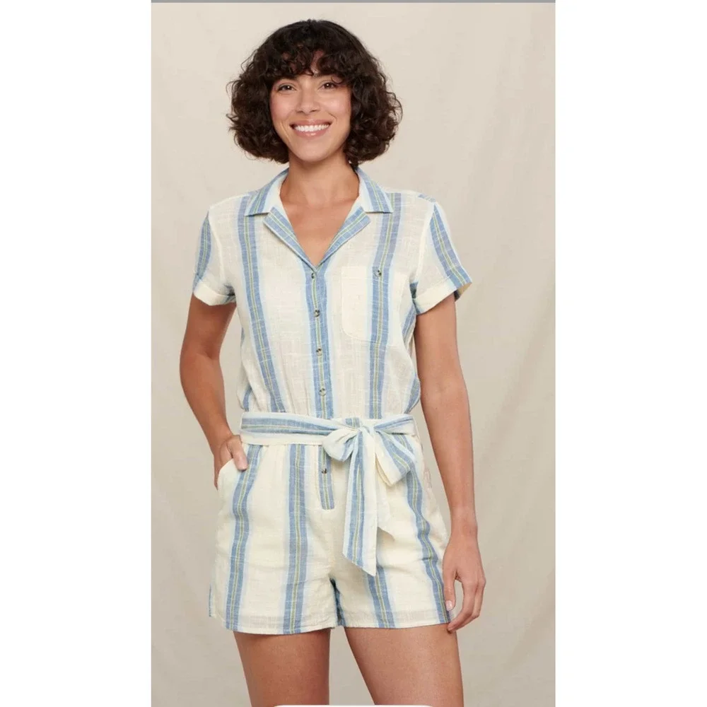 NWT Toad &Co Camp Cove Short Sleeve Cotton Romper Salt Trio Stripe‎ Size Large
